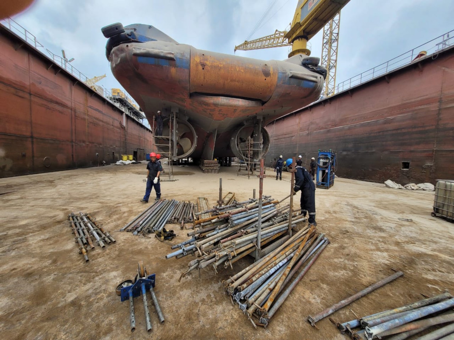 Vessel in drydock during marine maintenance